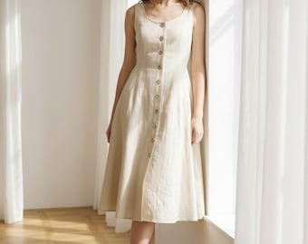 Sleeveless Linen Dress with Ties, Ruffled Skirt Linen Dress, Summer Linen Dress, Women’s Linen Clothing