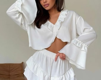 Wrap Kimono Silk Pajama Set, Satin Loungewear Set, Bridesmaid Getting Ready Outfit, Luxury Sleepwear, Wedding Morning Gift