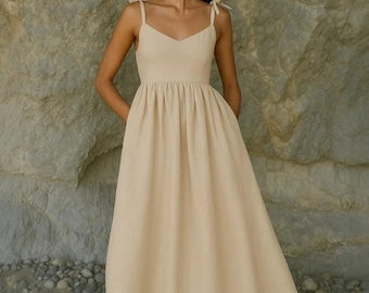 Sleeveless Linen Dress with Ties, Ruffled Skirt Linen Dress, Summer Linen Dress, Women’s Linen Clothing