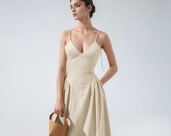 Linen Midi Skirt, Elastic Waist Skirt, Drawstring Linen Skirt, Minimal Summer Skirt, Casual Daily Wear