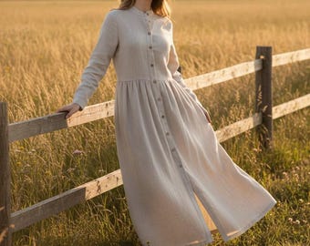 Classic Linen Dress with Long Sleeves, V neck and Pockets Dress, Perfect Maxi Dress for Everyday Wear
