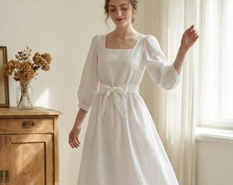 White Linen Midi Dress, Square Neck Tie Strap Summer Dress