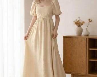 Linen Midi Dress with Puff Sleeves Square Neck Waist Tie Romantic Summer Linen Dress for Everyday