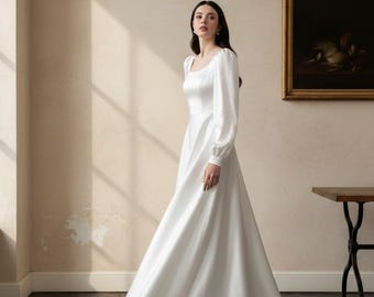 Silk Slip Wedding Dress with Sheer Cape, Minimal Bridal Gown, Elegant Modern Bride Dress
