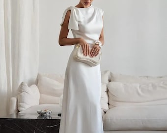 One Shoulder Silk Satin Midi Dress With Bow, Modern Bridal Reception Dress For Engagement Or Civil Wedding