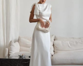 Ivory Satin Slip Wedding Dress with Sheer Cape, Minimalist Bridal Gown, Elegant Modern Wedding Dress