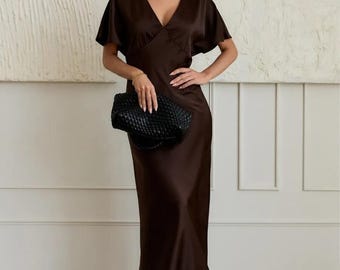 Elegant Satin Midi Dress, High Neck Drape Bridesmaid Dress, Wedding Guest Dress, Soft Pink Simple Formal Gown