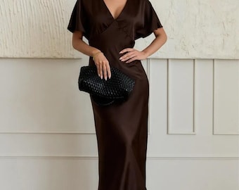 Elegant Chocolate Satin Square Neck Puff Sleeve Gown, Long Fitted Mermaid Dress, Formal Evening Dress, Wedding Guest Dress