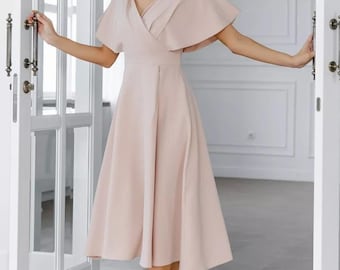 Linen Wrap V Neck A Line Dress, Elegant Blush Cape Sleeve Midi Dress, Wedding Guest Dress, Bridesmaid Cocktail Dress