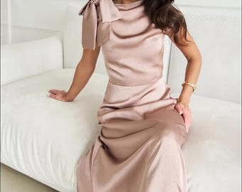 Elegant Satin Midi Dress, High Neck Drape Bridesmaid Dress, Wedding Guest Dress, Soft Pink Simple Formal Gown