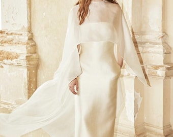 Modern Sheer Wedding Dress with High Neck and Long Sleeves, Minimalist Chiffon Bridal Gown, Contemporary Bridal Style