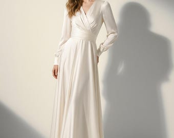 Ivory Silk Wedding Dress with Square Neck and Long Sleeves, Soft Satin Bridal Gown, Romantic Regency Wedding Dress