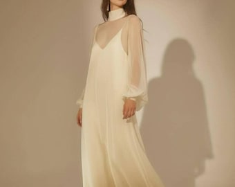 Elegant Wrap Silk Satin Gown with Long Puff Sleeves, High Slit Skirt, Chic Bridal or Bridesmaid Dress for Modern Ceremony Look