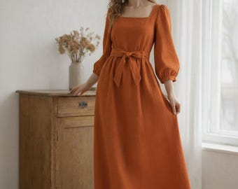White Linen Midi Dress, Square Neck Tie Strap Summer Dress
