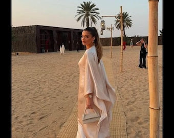 Elegant Wrap Silk Satin Gown with Long Puff Sleeves, High Slit Skirt, Chic Bridal or Bridesmaid Dress for Modern Ceremony Look