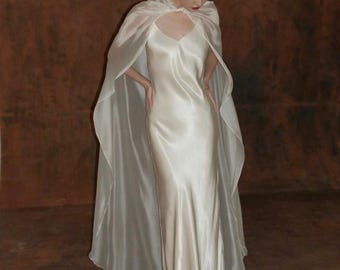Silk Slip Wedding Dress with Sheer Cape, Minimal Bridal Gown, Elegant Modern Bride Dress