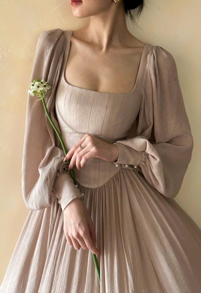 Renaissance Cottagecore Dress, Vintage Wedding Guess Dress, Square Neck Satin Gown, Fairytale Old Money Style