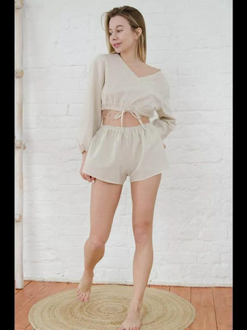 Linen Set Women, Long Sleeve V Neck Crop Top and Shorts, Linen Loungewear, Comfortable Housewear Pajama Outfit