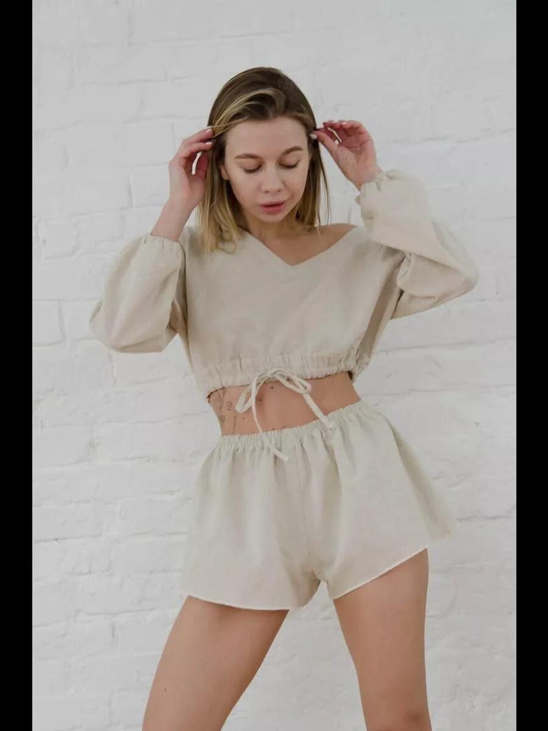 Linen Set Women, Long Sleeve V Neck Crop Top and Shorts, Linen Loungewear, Comfortable Housewear Pajama Outfit