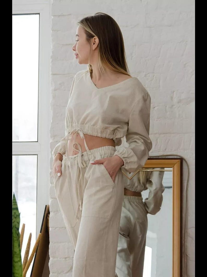 Linen Set Women, Long Sleeve V Neck Crop Top and Shorts, Linen Loungewear, Comfortable Housewear Pajama Outfit