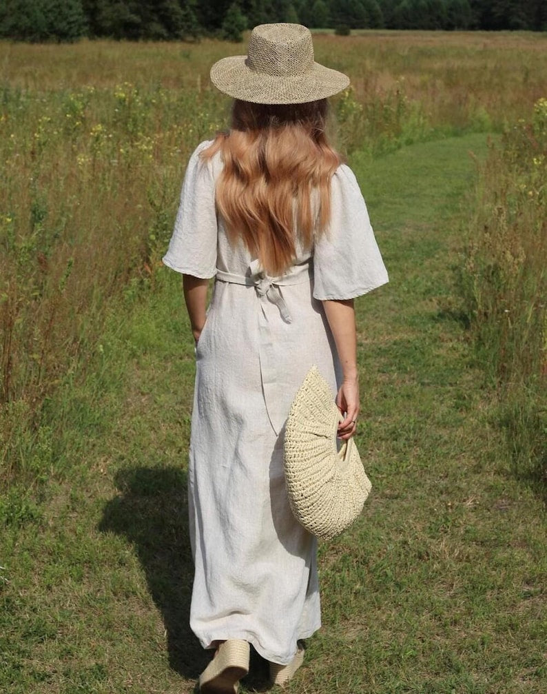 Maxi Wrap Linen Dress, V Neck Linen Dress, Soft Minimalist Summer Dress, Elegant Wedding Guest Outfit, Linen Dress