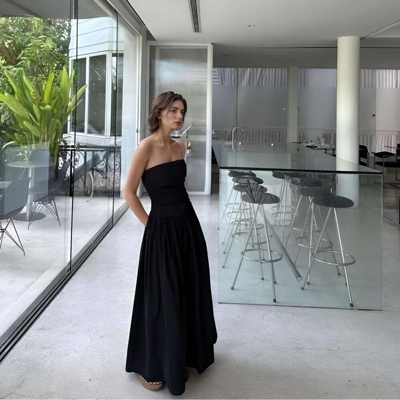 Sleeveless Bustier Linen Dress, Strapless Dress With Pocket, Elegant Women Dress, Bridesmaid Midi Dress, Long Summer Dress, Prom Party Dress