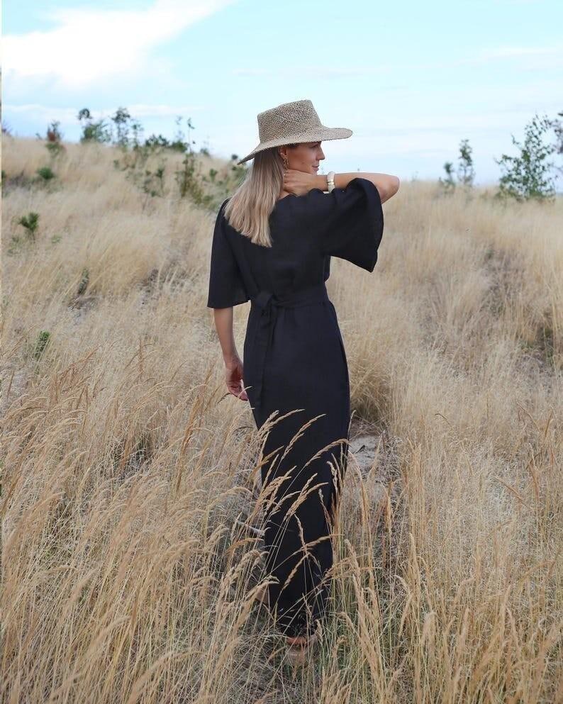 Maxi Wrap Linen Dress, V Neck Linen Dress, Soft Minimalist Summer Dress, Elegant Wedding Guest Outfit, Linen Dress