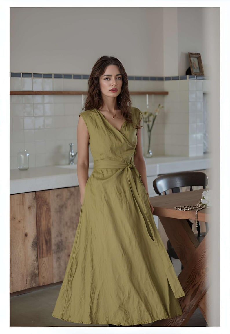 Sleeveless Linen Kaftan Wrap Dress, Fit and Flare Summer Maxi Dress, Flowy Linen Swing Dress for Women