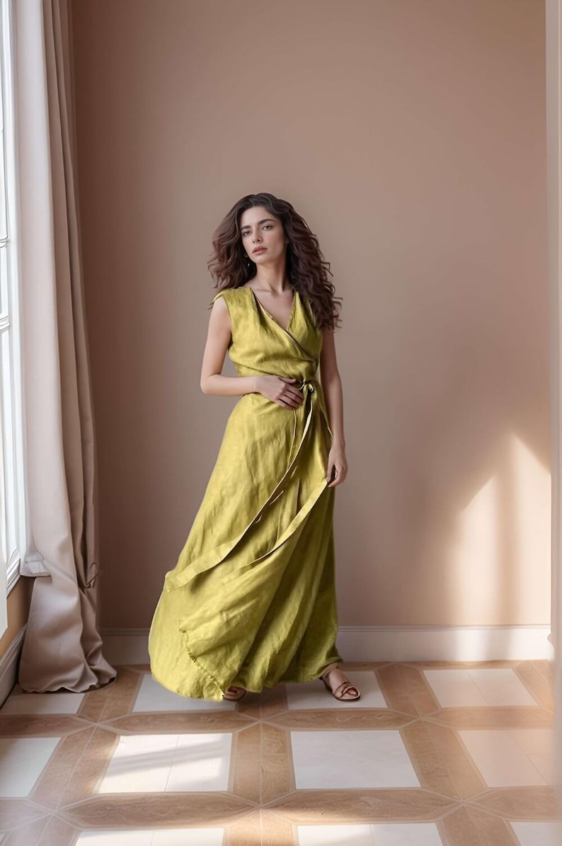 Sleeveless Linen Kaftan Wrap Dress, Fit and Flare Summer Maxi Dress, Flowy Linen Swing Dress for Women
