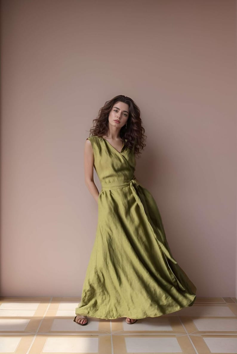 Sleeveless Linen Kaftan Wrap Dress, Fit and Flare Summer Maxi Dress, Flowy Linen Swing Dress for Women