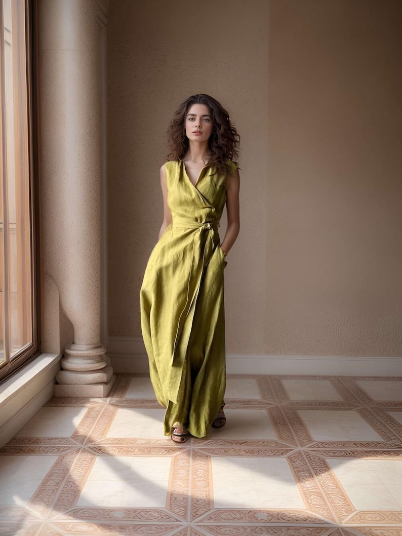 Sleeveless Linen Kaftan Wrap Dress, Fit and Flare Summer Maxi Dress, Flowy Linen Swing Dress for Women