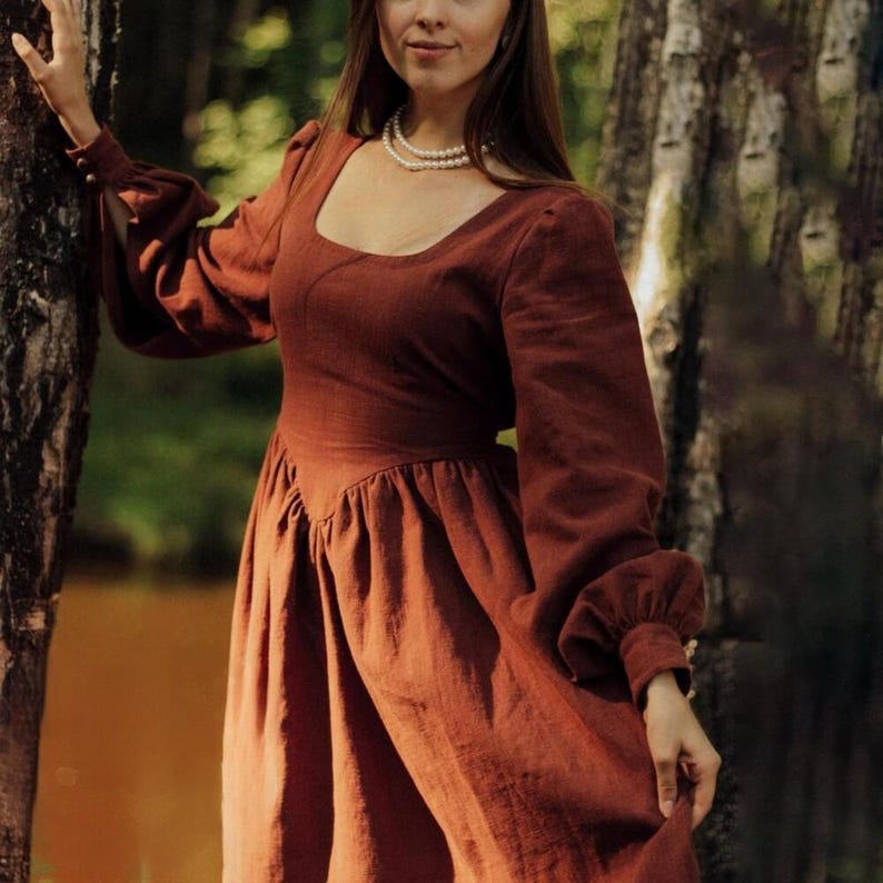 Long Sleeve Linen Maxi Dress, Modest Retro Vintage Fit And Flare Dress With Belt, Cottagecore Style