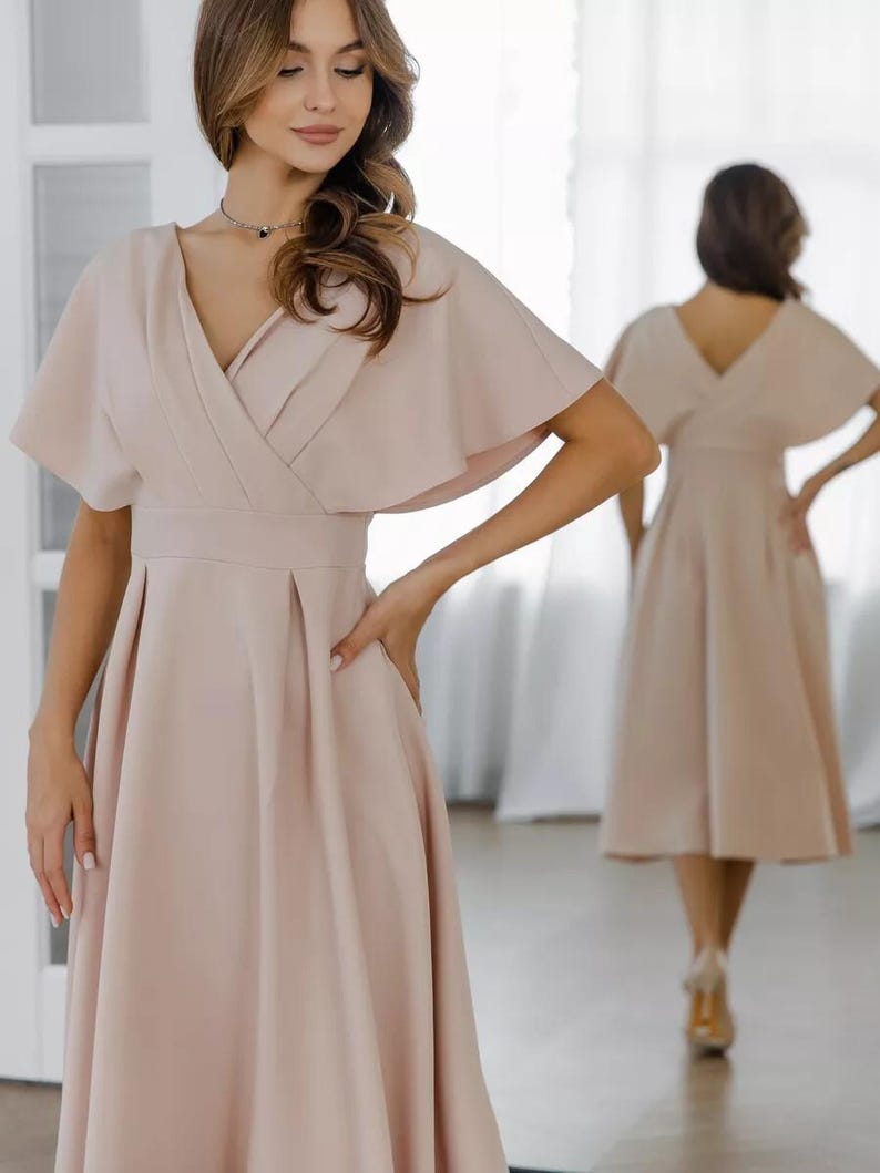Midi Linen Wrap Dress, Puff Sleeve V Neck Dress, Elegant Summer Linen Dress, Comfortable and Feminine Casual Dress for Weddings & Events