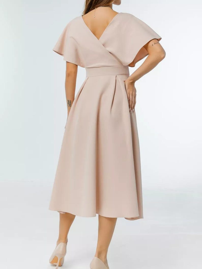 Midi Linen Wrap Dress, Puff Sleeve V Neck Dress, Elegant Summer Linen Dress, Comfortable and Feminine Casual Dress for Weddings & Events