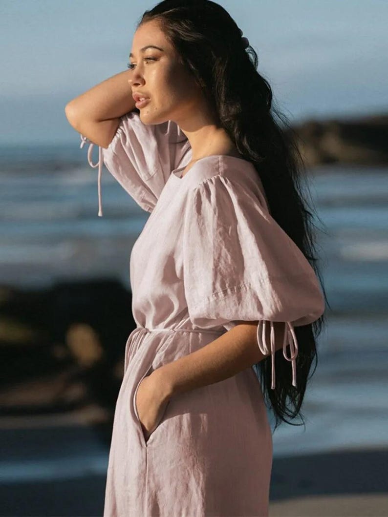 Elegant Linen Maxi Dress with Puff Sleeves and Drawstring Waist, Soft and Feminine Style