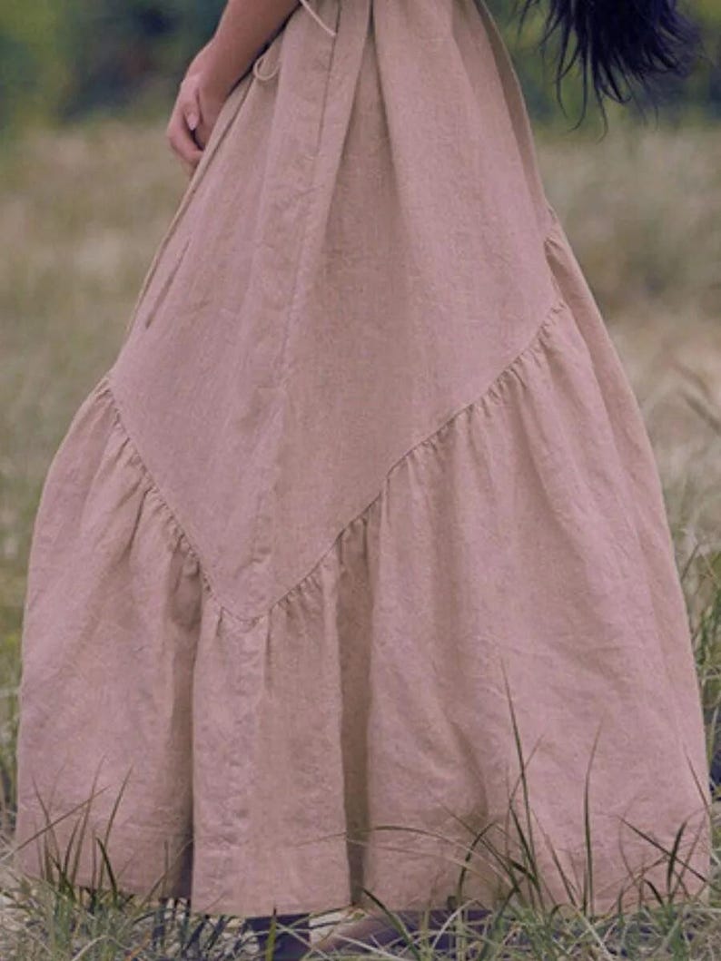 Elegant Linen Maxi Dress with Puff Sleeves and Drawstring Waist, Soft and Feminine Style