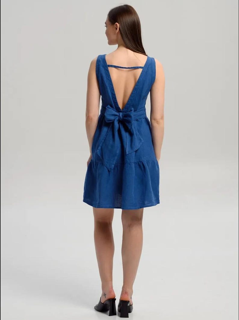 Elegant Linen V Neck Dress with Belt, Sleeveless Tiered Dress, Casual Summer Outfit, Boho Style