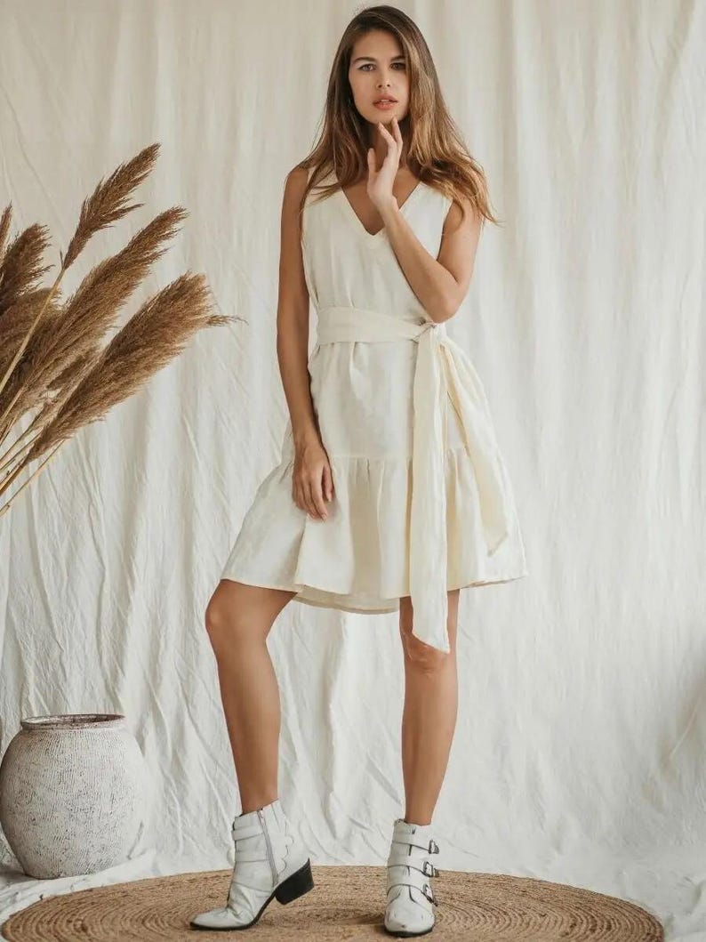 Elegant Linen V Neck Dress with Belt, Sleeveless Tiered Dress, Casual Summer Outfit, Boho Style