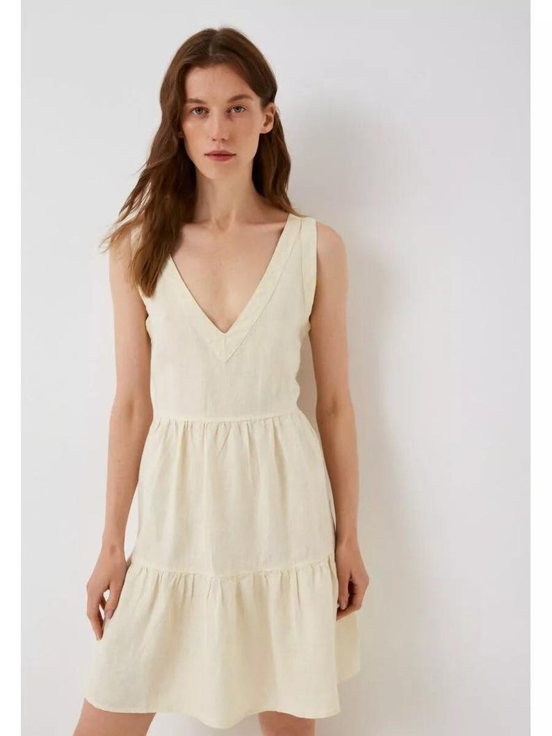 Elegant Linen V Neck Dress with Belt, Sleeveless Tiered Dress, Casual Summer Outfit, Boho Style
