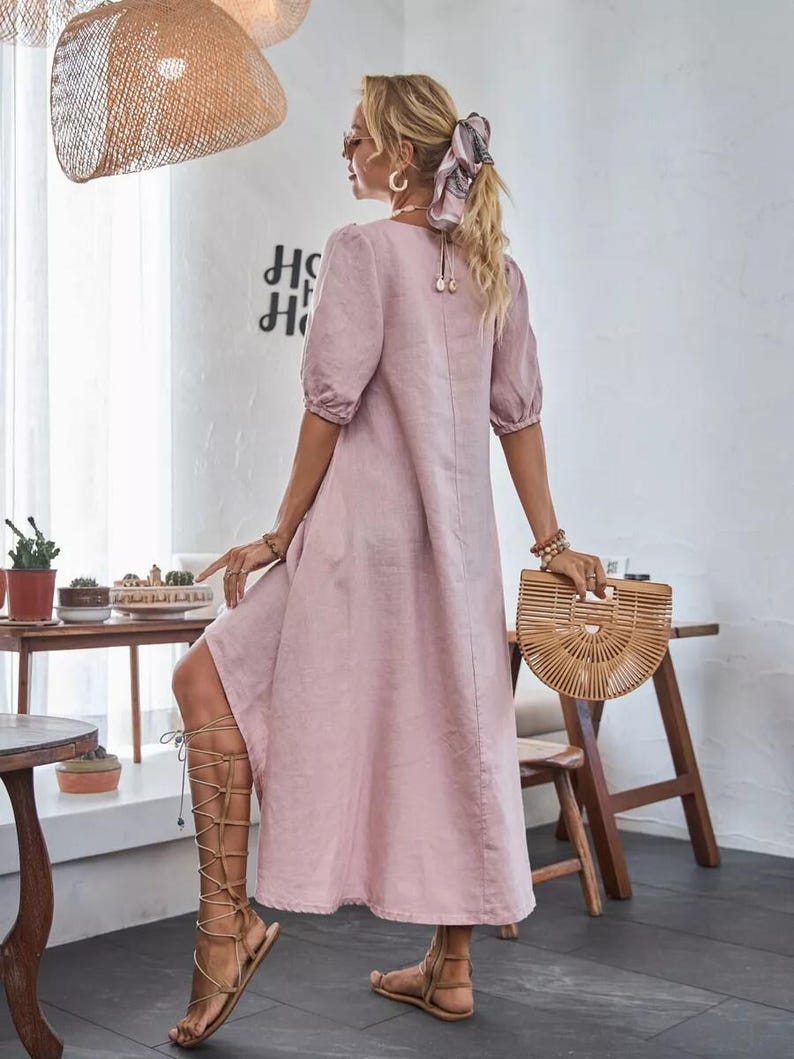 Linen Puff Sleeve Dress with Asymmetrical Hem, Linen Boho Dress, Trendy and Feminine Summer Look