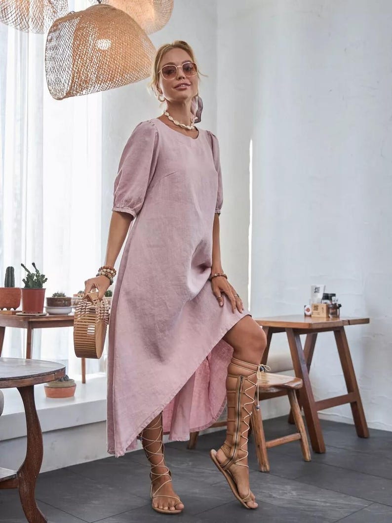 Linen Puff Sleeve Dress with Asymmetrical Hem, Linen Boho Dress, Trendy and Feminine Summer Look