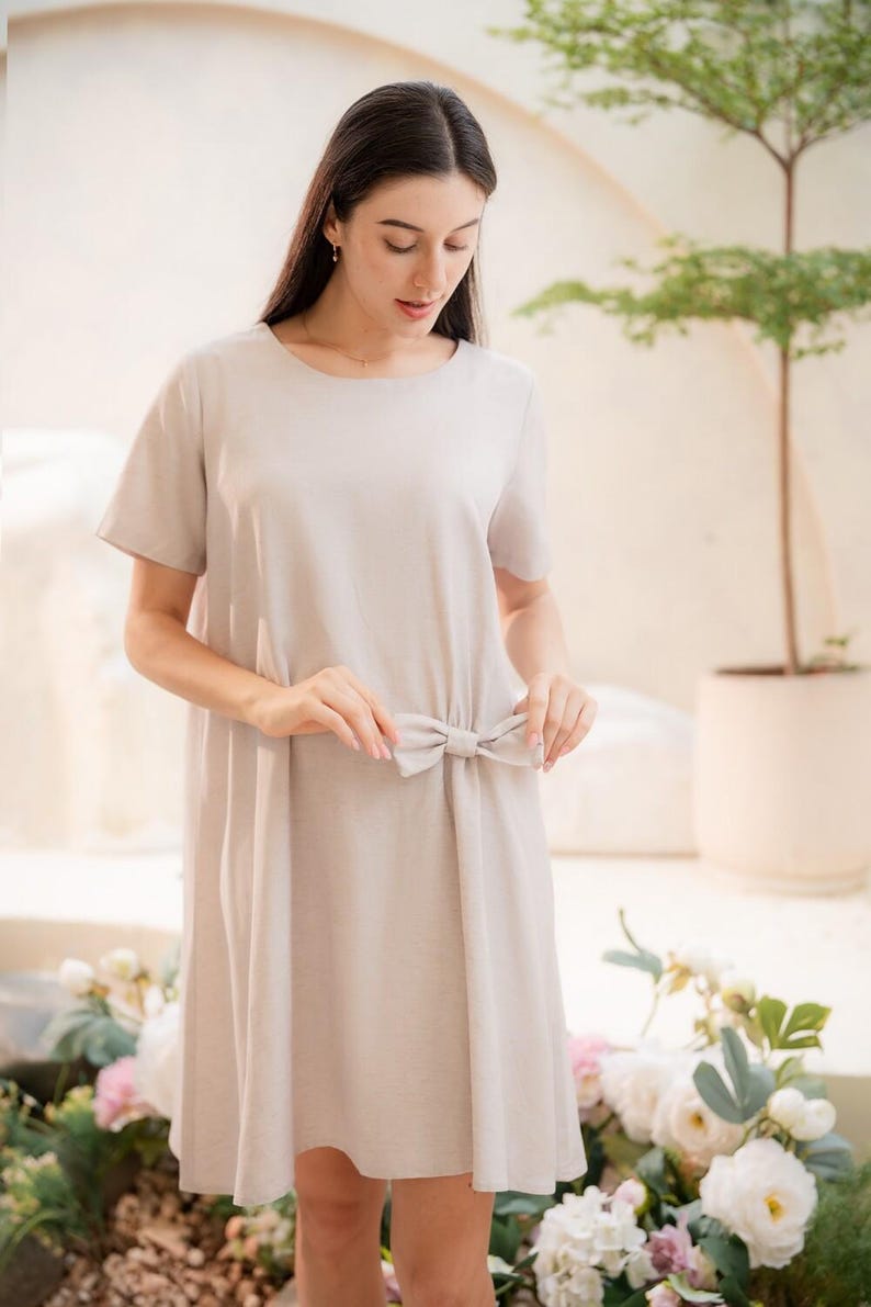 Petite Bow Dress, Linen Cocktail Dress, Minimalist Modest Dress, Loose Summer Dress, Vacation Outfit