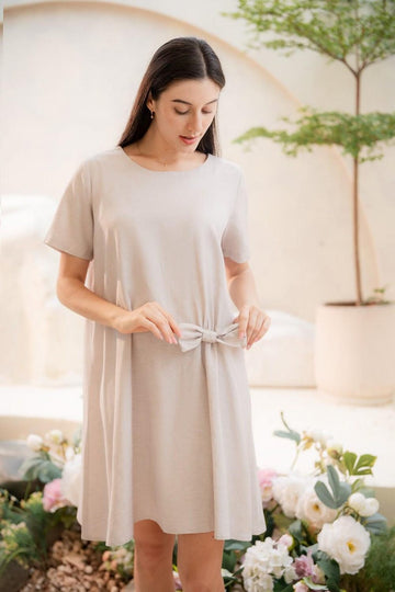 Petite Bow Dress, Linen Cocktail Dress, Minimalist Modest Dress, Loose Summer Dress, Vacation Outfit