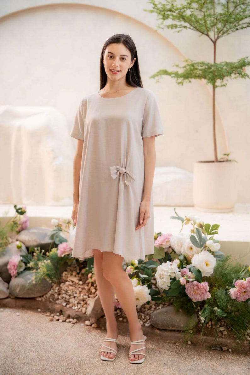 Petite Bow Dress, Linen Cocktail Dress, Minimalist Modest Dress, Loose Summer Dress, Vacation Outfit