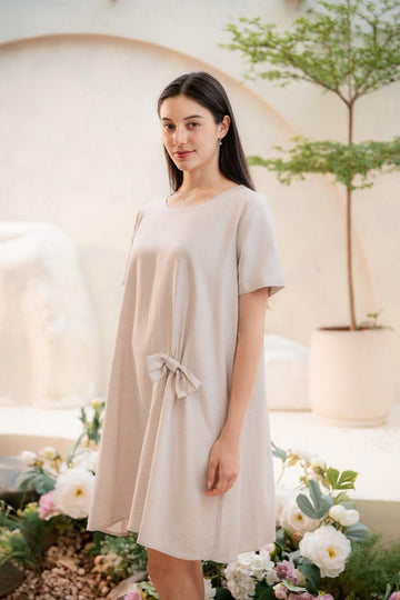 Petite Bow Dress, Linen Cocktail Dress, Minimalist Modest Dress, Loose Summer Dress, Vacation Outfit