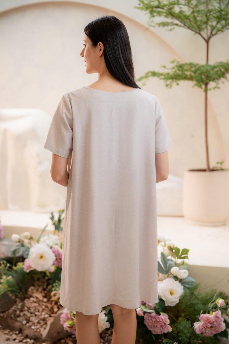 Petite Bow Dress, Linen Cocktail Dress, Minimalist Modest Dress, Loose Summer Dress, Vacation Outfit