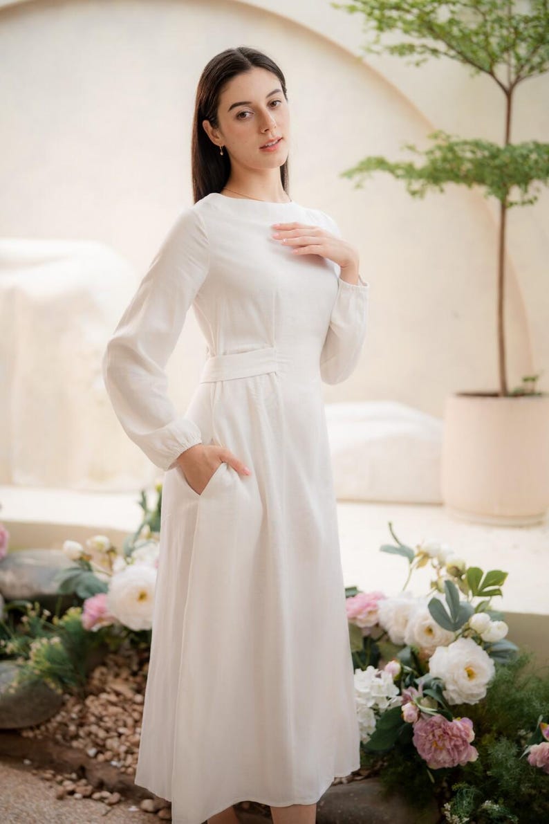 Linen Modest Dress, Swing Linen Maxi Dress, Long Sleeve Dress with Waist Belt, Retro Vintage Dress, Dress with Pockets