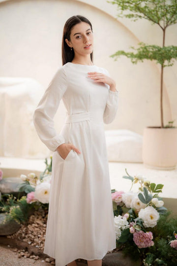 Linen Modest Dress, Swing Linen Maxi Dress, Long Sleeve Dress with Waist Belt, Retro Vintage Dress, Dress with Pockets