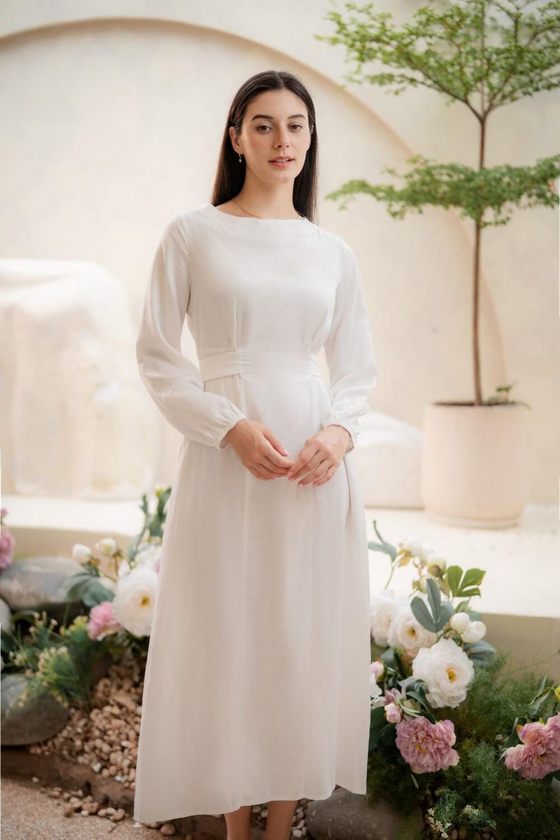 Linen Modest Dress, Swing Linen Maxi Dress, Long Sleeve Dress with Waist Belt, Retro Vintage Dress, Dress with Pockets