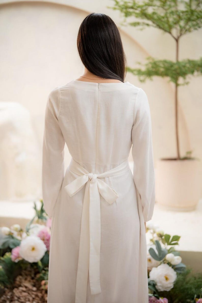 Linen Modest Dress, Swing Linen Maxi Dress, Long Sleeve Dress with Waist Belt, Retro Vintage Dress, Dress with Pockets